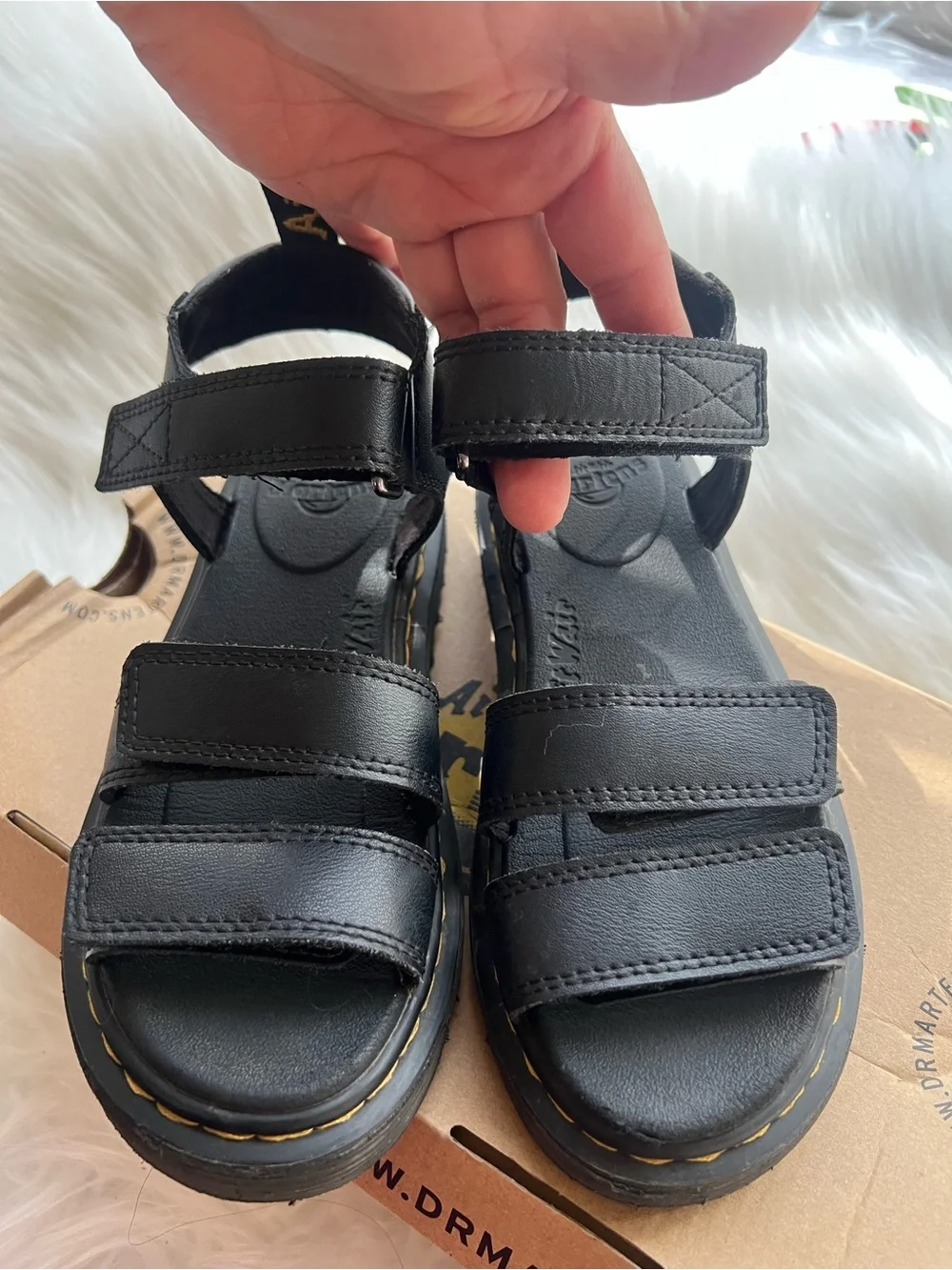 Dr. Martens Kids Black Triple-Strap Vegan Sandals with Yellow Stitching